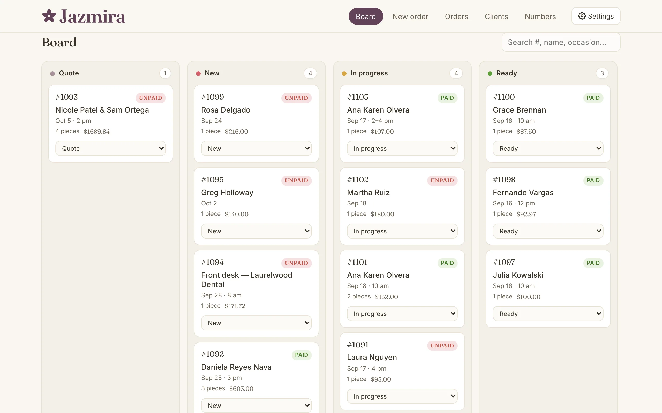 The board in the demo shop: orders sorted into Quote, New, In progress and Ready columns, each card showing the order number, recipient, delivery date, pieces, price and whether it is paid.