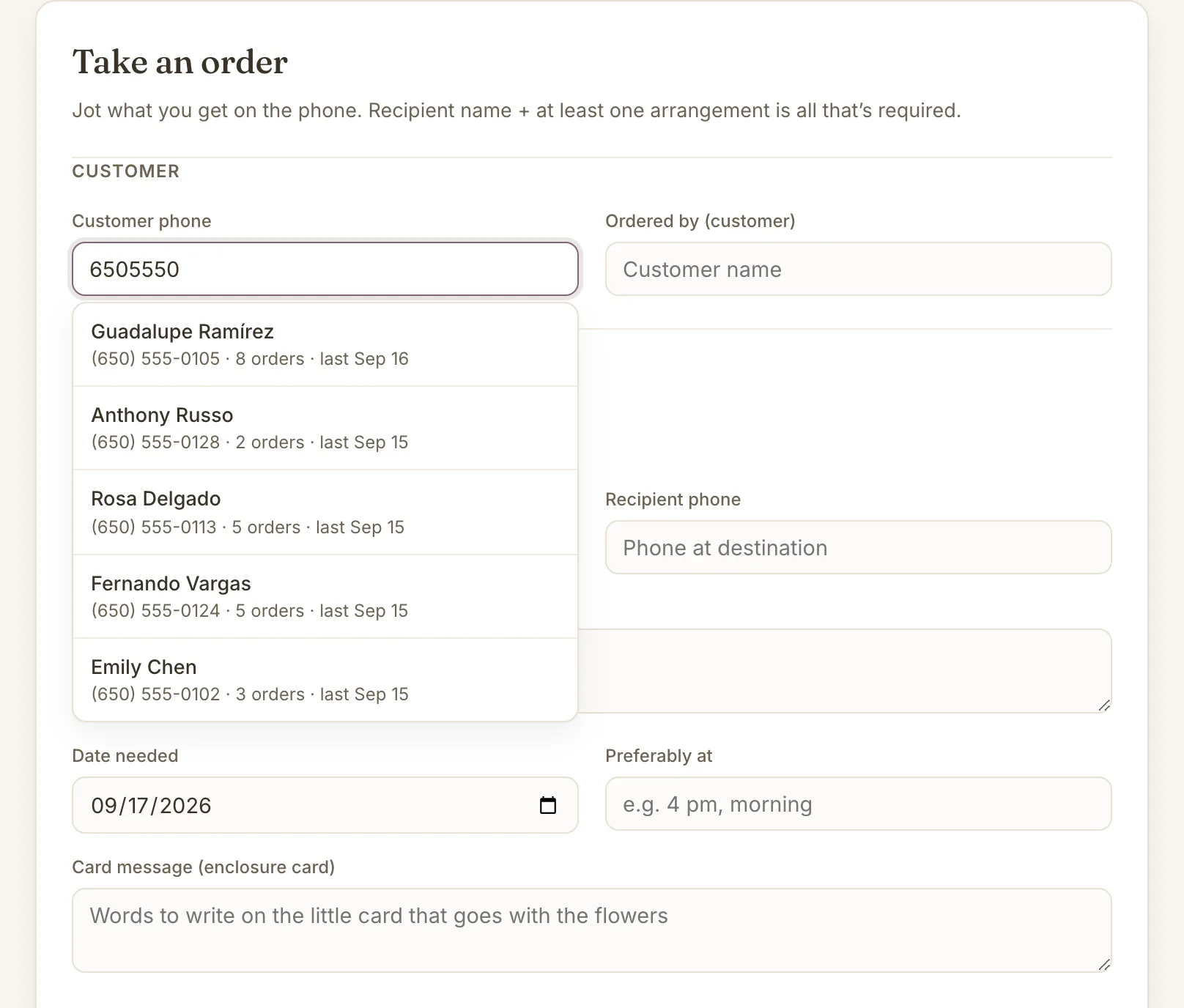 The New order form with a partial phone number typed and a list of matching clients, each with phone, order count and date of their last order.