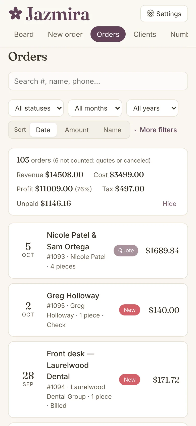 The Orders list on a phone: a summary of revenue, cost, profit and unpaid, then orders with date, recipient, status and price.
